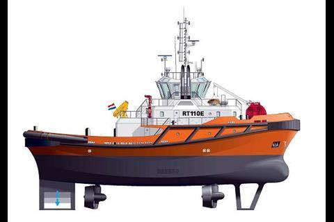 The RT 110E design depicts a highly sophisticated Rotor Tug for escort and offshore services